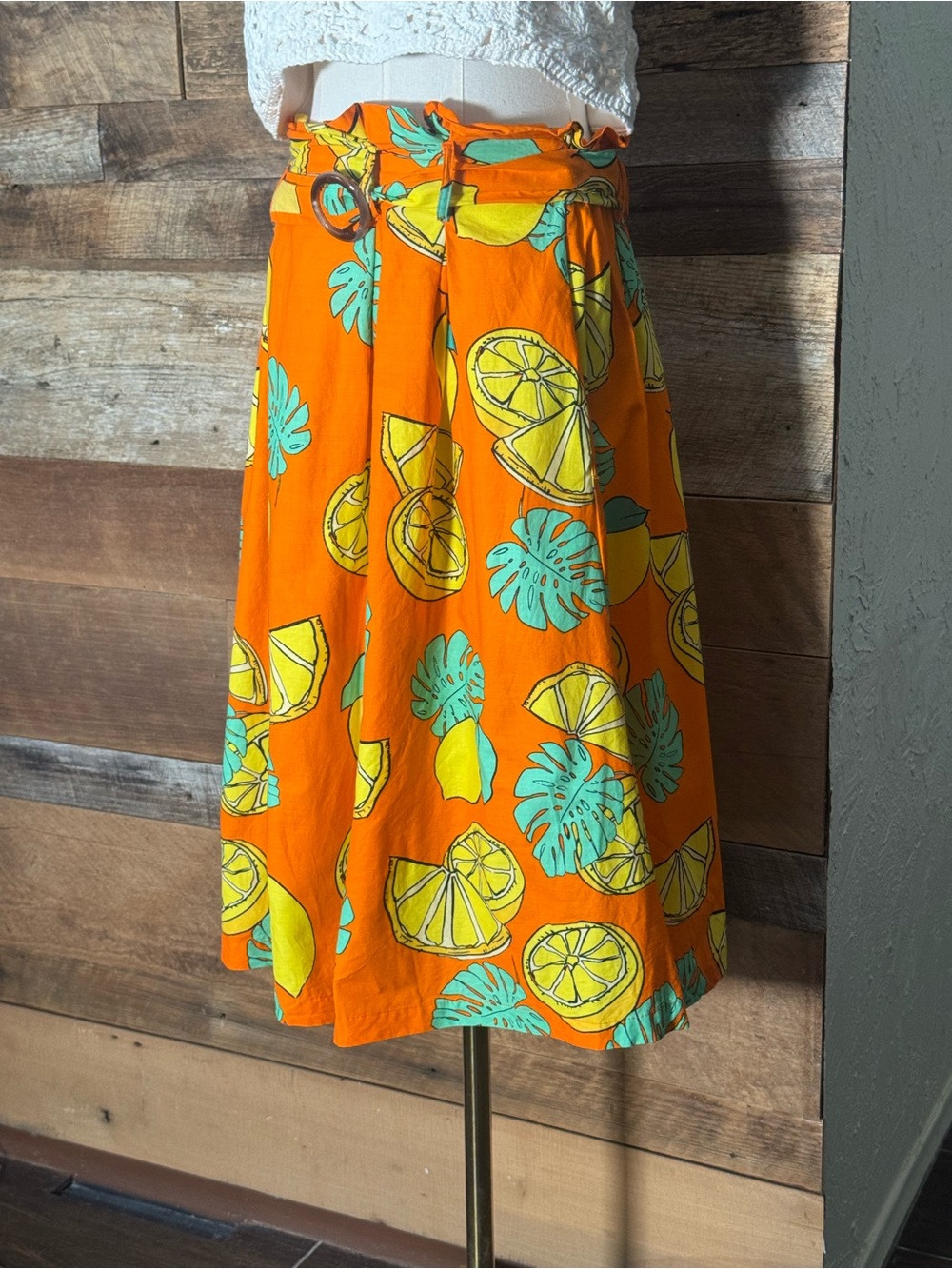 Truly 4 You Orange Citrus Lemon Print Belted Midi Skirt With Pockets Size M